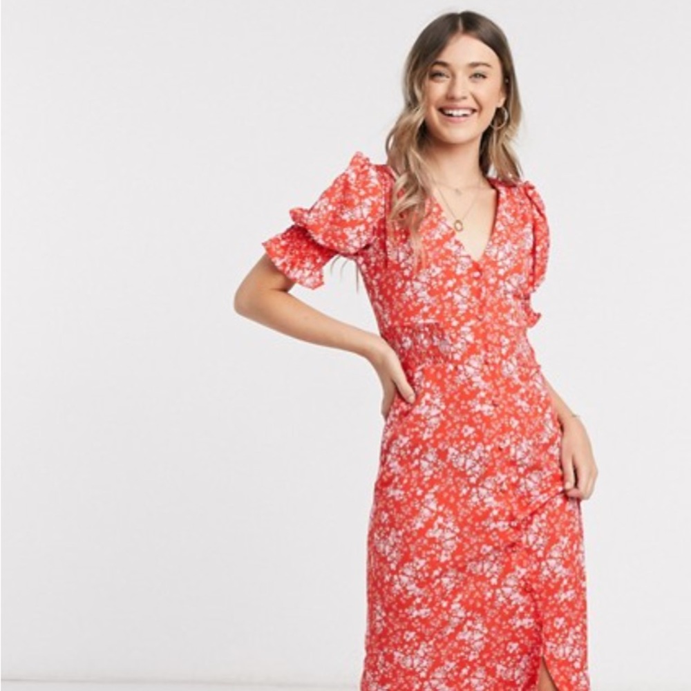 ASOS Pink Wrap Midi Dress with Puff Sleeves